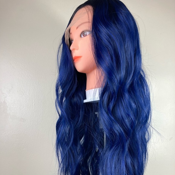 Dark Roots Blue Wavy Lace Wig For DragQueen -Women